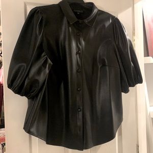 Eloquii Faux Leather Puff Sleeve Button Up Shirt